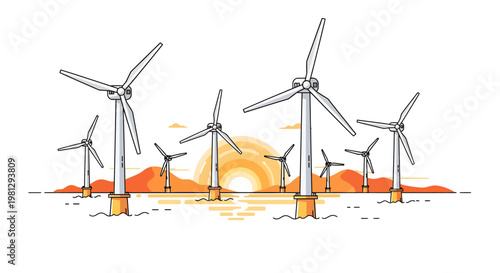Wind turbines at sunset with orange sky and white background