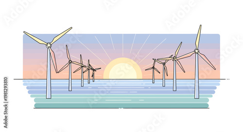 Wind turbines at sunset over sea, renewable energy concept