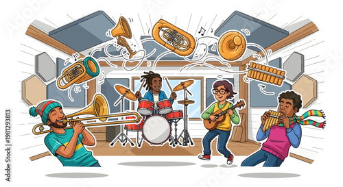 cartoon musicians playing instruments in colorful scene