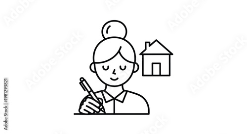 A simple line drawing depicts a woman with a pen and a house in the background