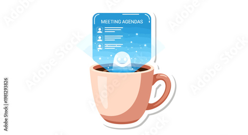 Meeting agenda on a coffee cup, business concept