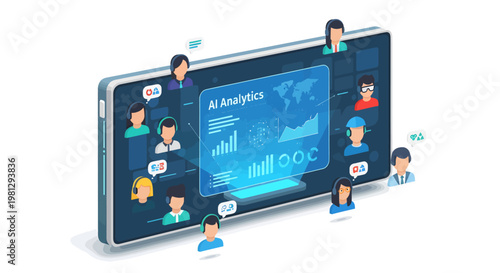 AI analytics on a smartphone with people around, data visualization