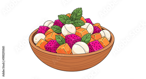 Colorful fruit bowl with dragon fruit, oranges, and leaves