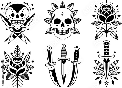 Vintage Tattoo Icon Vector Set – Skull Hat Anchor Dagger Pipe Pocket Watch Collection