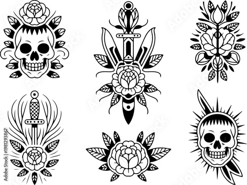 Vintage Tattoo Icon Vector Set – Skull Hat Anchor Dagger Pipe Pocket Watch Collection