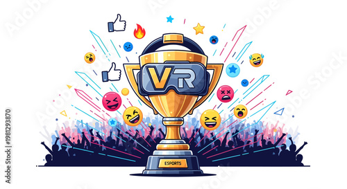 VR trophy award with colorful emojis and confetti celebration