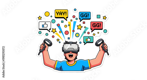 Excited gamer wearing VR headset and controllers with colorful effects