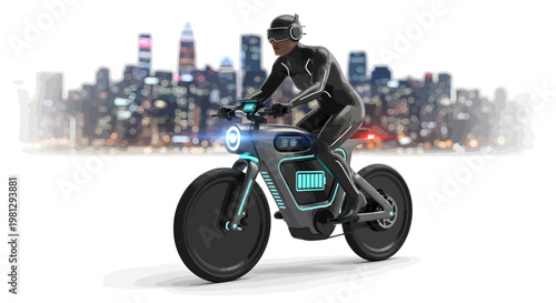 Rider on futuristic electric motorcycle in cityscape
