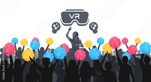 Virtual reality crowd cheering colorful pom-poms