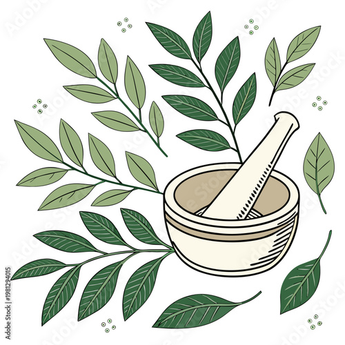 A mortar and pestle surrounded by green leaves