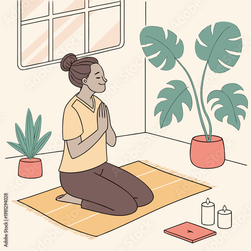 Woman in prayer position on a yoga mat