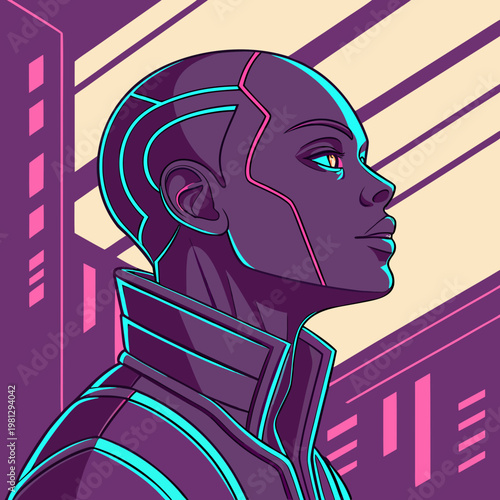 A futuristic woman with a purple and blue pixelated design