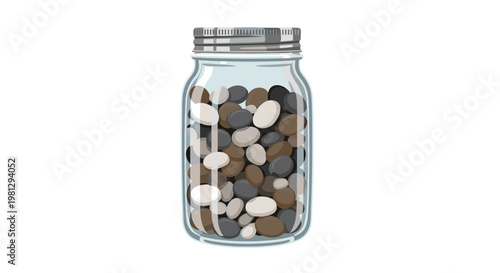 A tall slender transparent glass jar with a silver metallic screw lid holds a dense collection of small smooth pebbles in neutral black white and brown.
