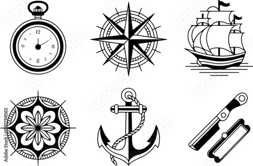 Vintage Tattoo Icon Vector Set – Skull Hat Anchor Dagger Pipe Pocket Watch Collection