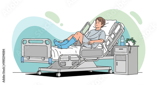 Patient recovering in hospital bed with bandaged leg, smiling and looking relaxed