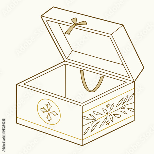 A gold line drawing of an open jewelry box