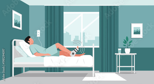 Patient recovering in hospital bed with injured leg in cast, medical care concept