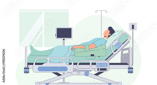Patient Recovering in Hospital Bed with Medical Equipment and Monitor