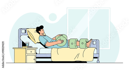 Patient Recovering in Hospital Bed with Leg Traction Device After Surgery