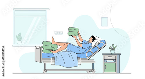 Patient recovering in hospital bed with pillows, post-surgery care, medical treatment