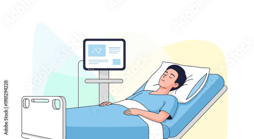 Patient recovering in hospital bed with medical monitor displaying vital signs