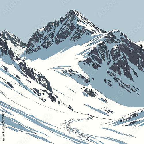 A large snow covered mountain under a blue sky