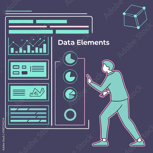 Man interacting with large computer screen displaying data metrics