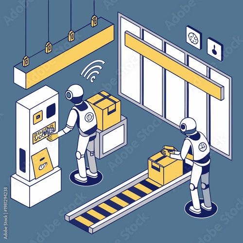 Two astronauts working in a warehouse with yellow boxes