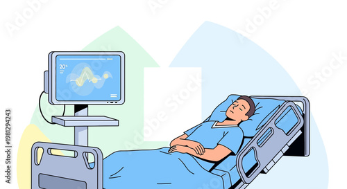 Patient recovering in hospital bed with vital signs monitor, healthcare concept