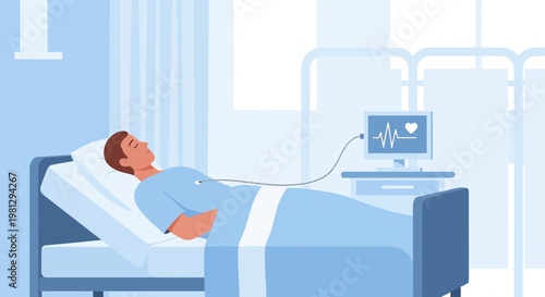 Patient recovering in hospital bed with vital signs monitor