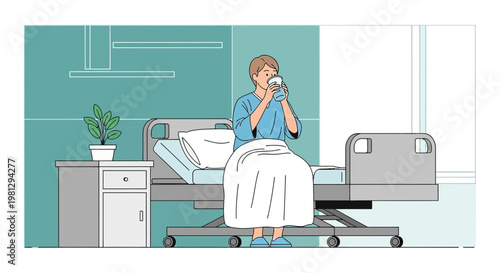 Patient recovering in hospital bed, drinking from a mug, feeling unwell