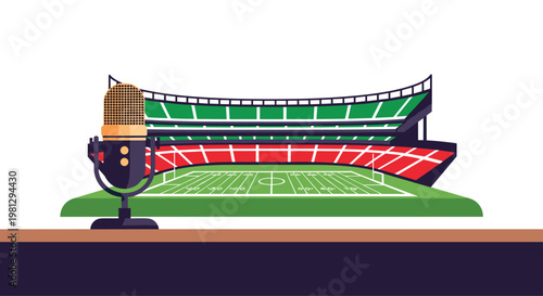 A vintage condenser microphone stands prominently in the foreground overlooking a vibrant green American football field and colorful stadium seating.