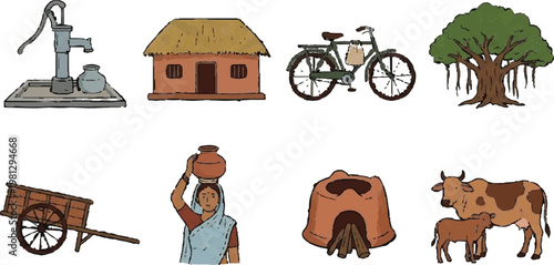 Rural village life elements set with house bicycle tree water pump cow and traditional tools illustration