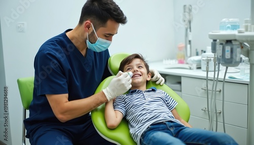 Dentist in mask applies sedation mask to smiling boy in dental chair. Pediatric dentistry focuses on safe, pain free oral care. Doctor uses gas for calm child patient in modern clinic.