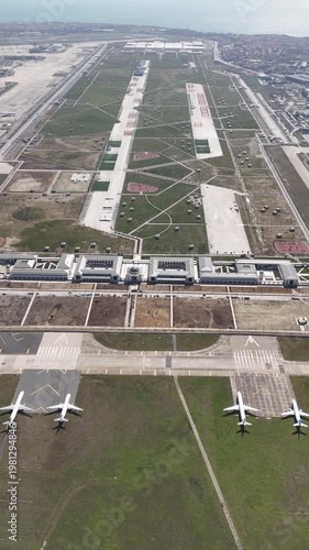 Aerial view of private jets at the airport. Drone footage of planes parked at the airport, Istanbul, Turkey.