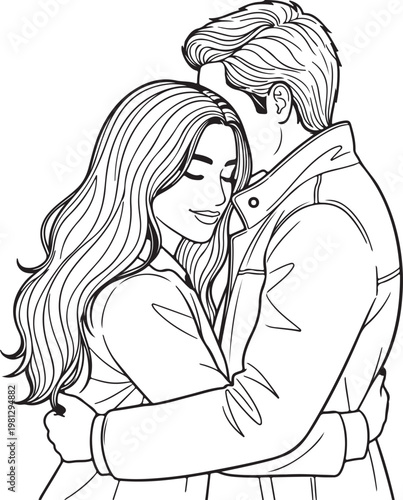Loving couple hug, romantic embrace, tender moment, black and white illustration, vector graphics