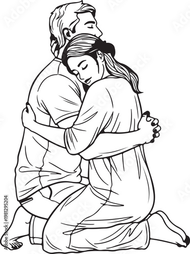 Tender couple hug, romantic love, affectionate embrace, vector illustration