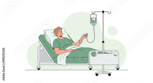 Patient receiving IV drip in hospital bed, medical treatment and recovery concept