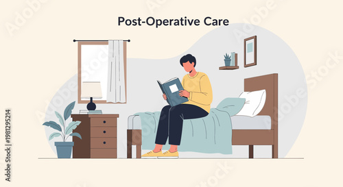 Patient Recovering at Home, Reading Book Post-Surgery, Post-Operative Care Concept