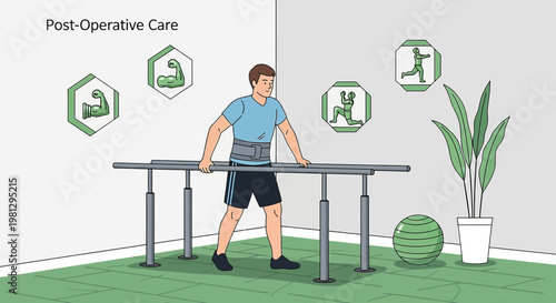 Patient recovering from surgery undergoing physical therapy for post-operative care