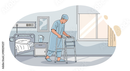 Patient recovering from surgery walking with a walker in a hospital room.