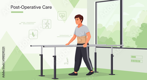 Patient recovering from surgery walking with parallel bars in physical therapy