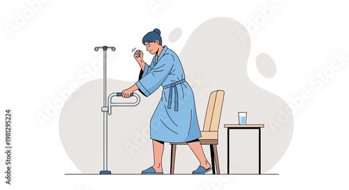 Patient recovering from surgery using IV drip and walker in hospital room
