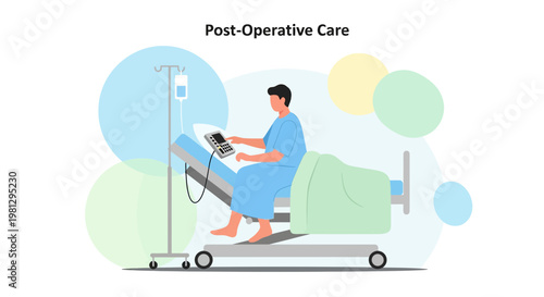 Patient Recovering in Hospital Bed After Surgery with IV Drip and Monitor