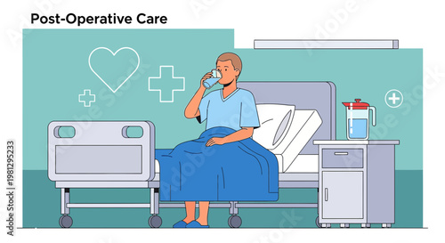 Patient Recovering in Hospital Bed After Surgery, Drinking Water, Post-Operative Care