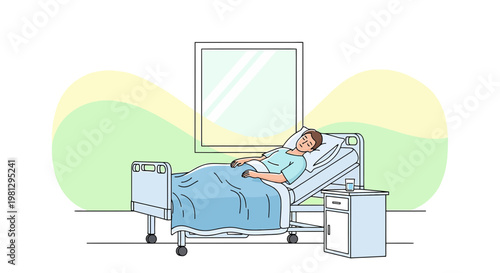 Patient recovering in hospital bed after surgery, medical care and treatment