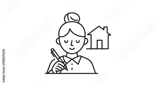A simple black and white line drawing depicts a woman writing with a house in the background