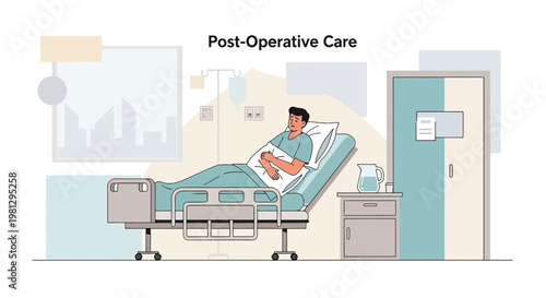 Patient recovering in hospital bed after surgery, post-operative care illustration