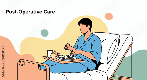 Patient recovering in hospital bed after surgery, receiving post-operative care and meal