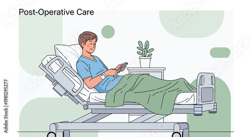 Patient recovering in hospital bed after surgery, receiving post-operative care.